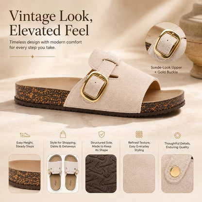 Last Day: 80% Off ✨ Vintage Buckle Slides for Women & Men – Suede-Look Adjustable Strap Sandals, Comfortable Everyday Walking Shoes with Cushioned Footbed