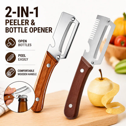⏰Last Day 60% OFF🔥 2-in-1 Stainless Steel Vegetable Peeler with Wooden Handle & Bottle Opener