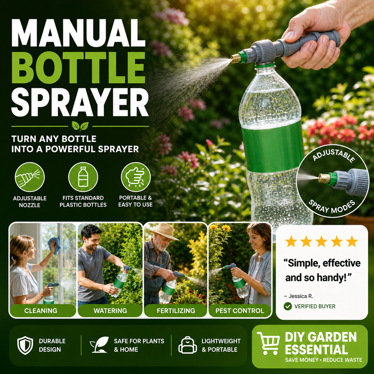 🌿Manual Drink Bottle Sprayer with Adjustable Nozzle‑Portable DIY Garden Spray Tool, Fits Standard Plastic Bottles for Plant Watering, Fertilizing & Pest Control